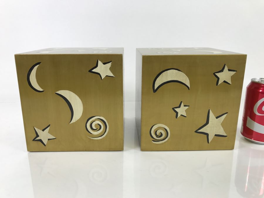 Matching Pair Of Gold Painted Square Shelf Boxes Stars And Moon [Photo 2]