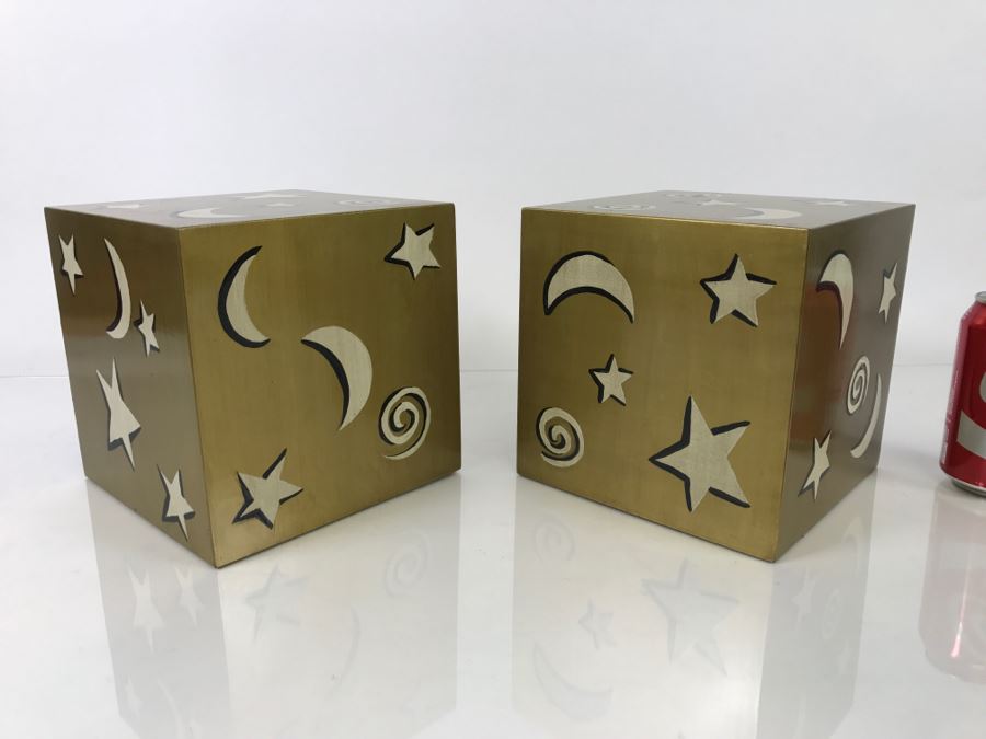 Matching Pair Of Gold Painted Square Shelf Boxes Stars And Moon [Photo 5]