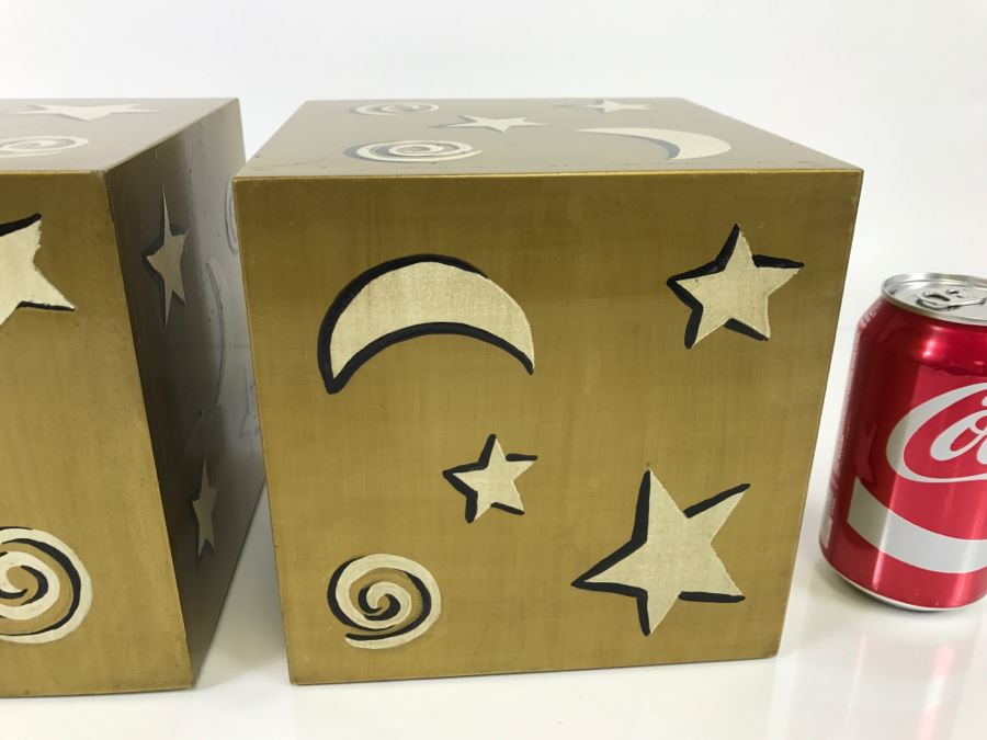 Matching Pair Of Gold Painted Square Shelf Boxes Stars And Moon [Photo 4]