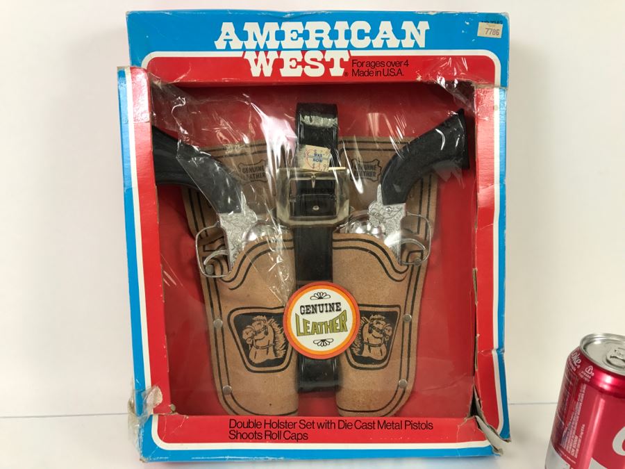American West Double Holster Set With Die Cast Metal Pistols Genuine Leather In Original Damaged Box
