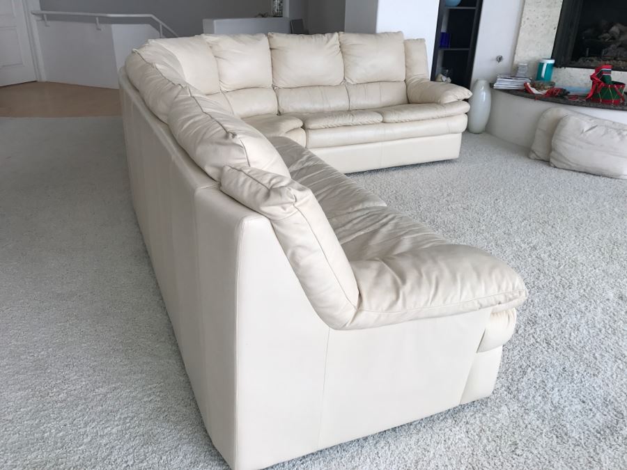 Large White Leather Sectional Sofa - See Photos For Wear Of Seat On Left End [Photo 4]