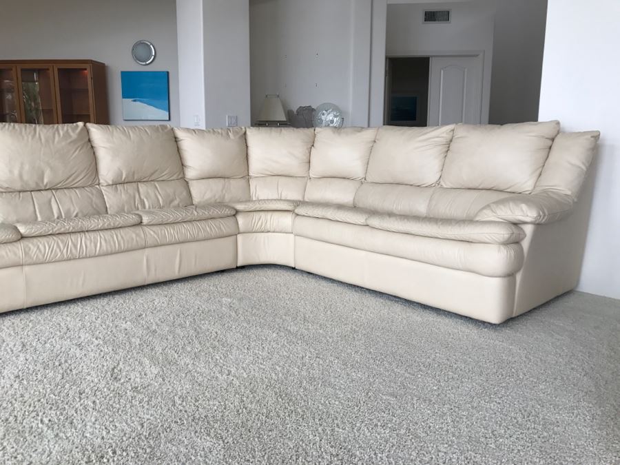 Large White Leather Sectional Sofa - See Photos For Wear Of Seat On Left End [Photo 3]