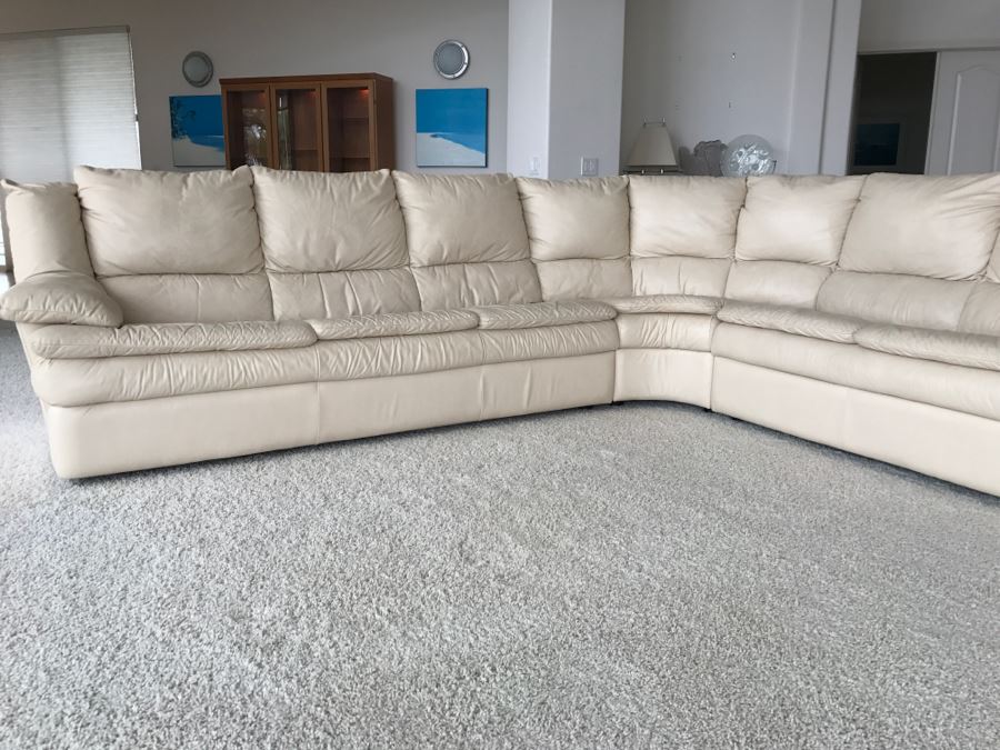 Large White Leather Sectional Sofa - See Photos For Wear Of Seat On Left End [Photo 2]