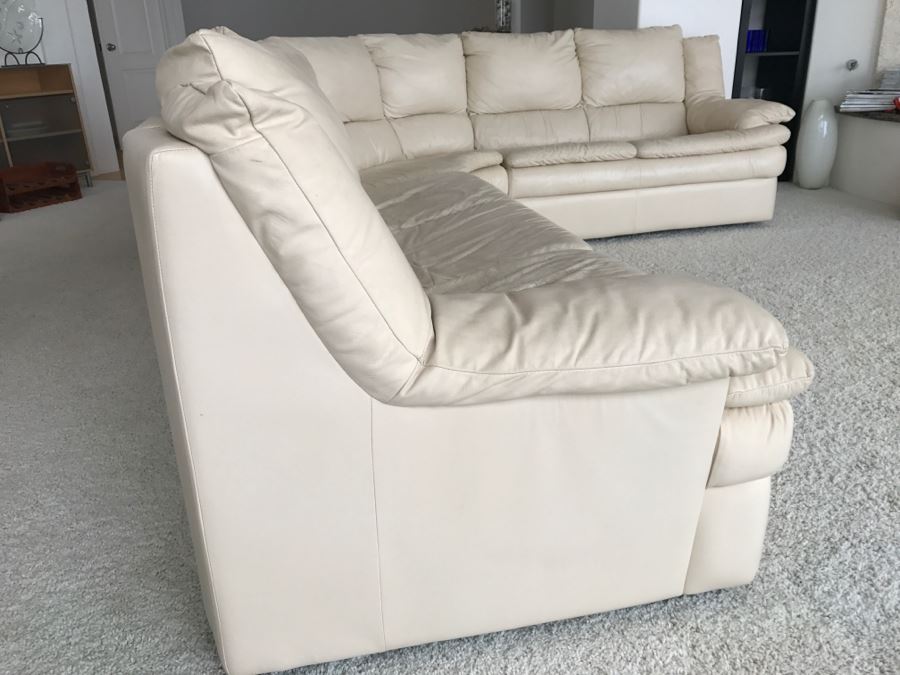 Large White Leather Sectional Sofa - See Photos For Wear Of Seat On Left End [Photo 5]