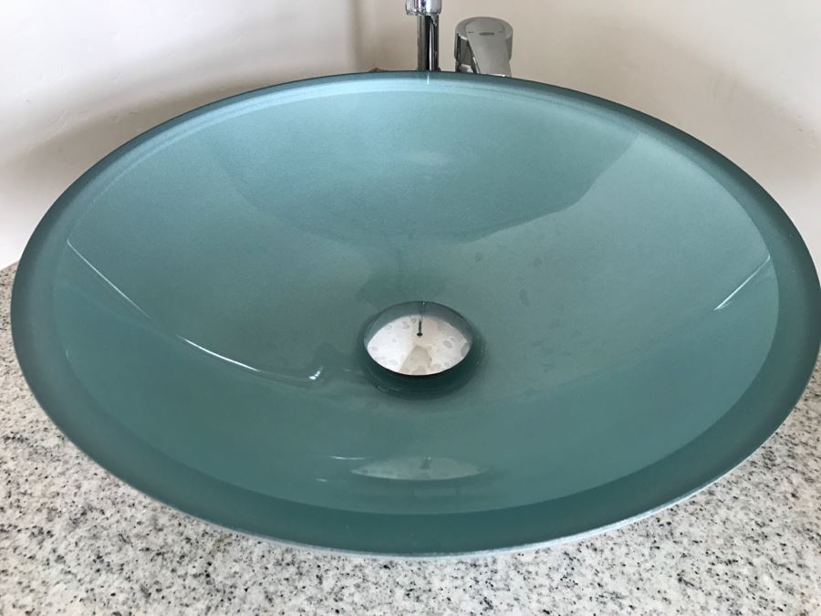 Aquamarine Glass Round Vessel Sink With GROHE Stainless Steel Fixtures [Photo 2]