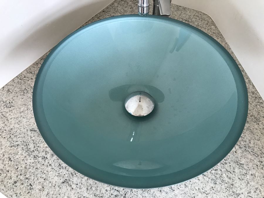 Aquamarine Glass Round Vessel Sink With GROHE Stainless Steel Fixtures [Photo 3]