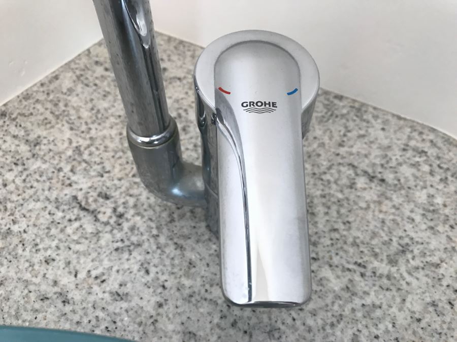 Aquamarine Glass Round Vessel Sink With GROHE Stainless Steel Fixtures [Photo 5]