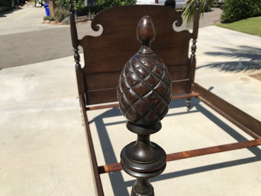 Antique Mahogany Four Poster Bed On Casters With Turned Wood Posts And Pineapples On Tops - Full Size Bed [Photo 4]