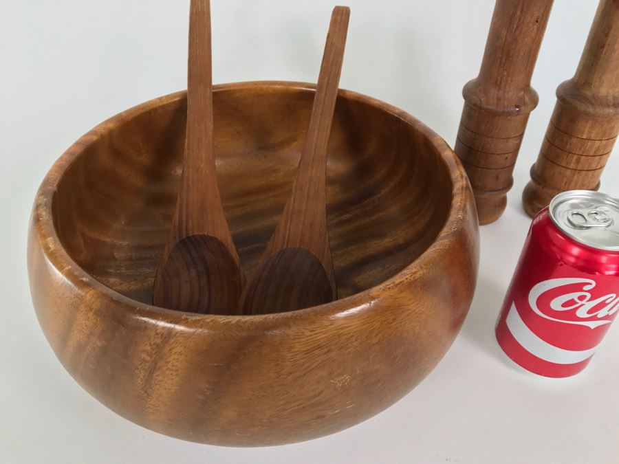 Collection Of Turned Wood Bowls Salad Bowl Set, Salt & Pepper Shakers And Pair Of Wooden Stemware Glasses Monkey Pod Wood [Photo 14]