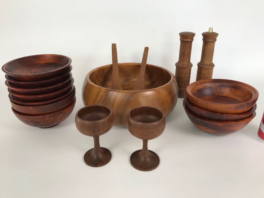 Collection Of Turned Wood Bowls Salad Bowl Set, Salt & Pepper Shakers And Pair Of Wooden Stemware Glasses Monkey Pod Wood [Photo 2]
