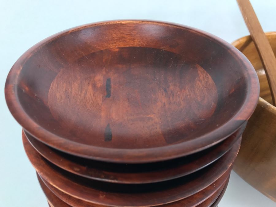 Collection Of Turned Wood Bowls Salad Bowl Set, Salt & Pepper Shakers And Pair Of Wooden Stemware Glasses Monkey Pod Wood [Photo 9]