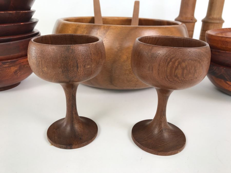 Collection Of Turned Wood Bowls Salad Bowl Set, Salt & Pepper Shakers And Pair Of Wooden Stemware Glasses Monkey Pod Wood [Photo 3]