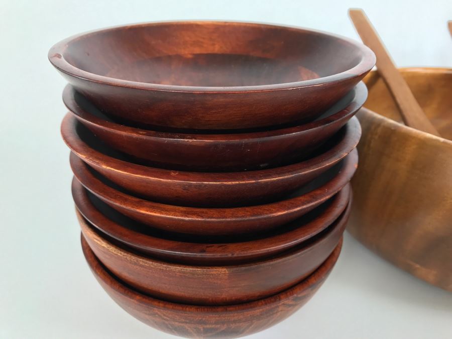 Collection Of Turned Wood Bowls Salad Bowl Set, Salt & Pepper Shakers And Pair Of Wooden Stemware Glasses Monkey Pod Wood [Photo 8]