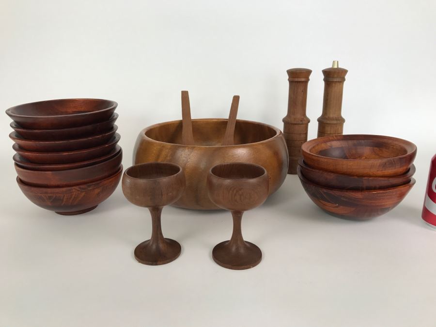 Collection Of Turned Wood Bowls Salad Bowl Set, Salt & Pepper Shakers And Pair Of Wooden Stemware Glasses Monkey Pod Wood [Photo 1]