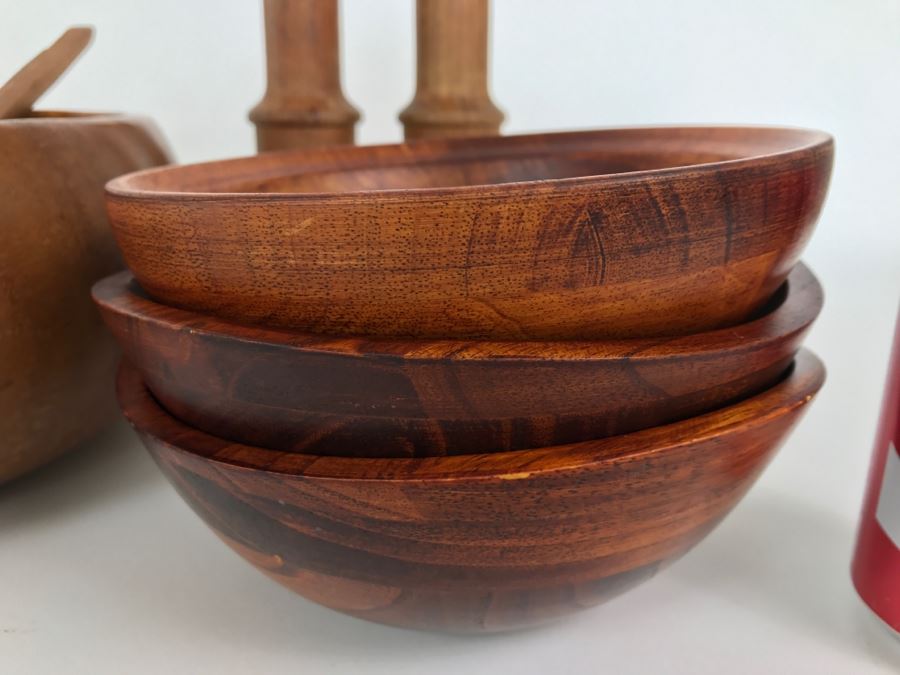 Collection Of Turned Wood Bowls Salad Bowl Set, Salt & Pepper Shakers And Pair Of Wooden Stemware Glasses Monkey Pod Wood [Photo 6]