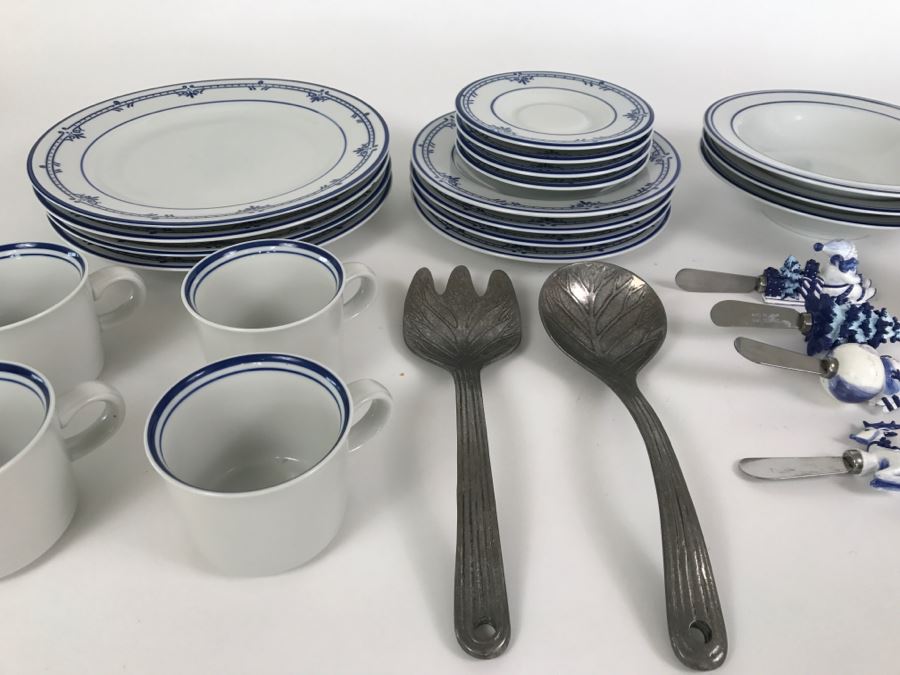 MIKASA Japan Blue And White China Set ~20 Pieces Cera Stone Pattern Newport With Salad Bowl Fork And Spoon And Figural Cheese Spreaders [Photo 2]