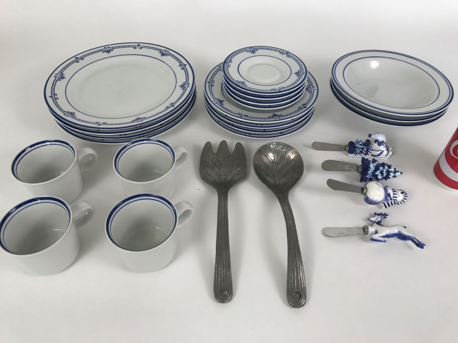 MIKASA Japan Blue And White China Set ~20 Pieces Cera Stone Pattern Newport With Salad Bowl Fork And Spoon And Figural Cheese Spreaders [Photo 1]