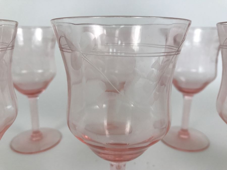 Set Of 6 Vintage Pink Etched Depression Glass Stemware Glasses