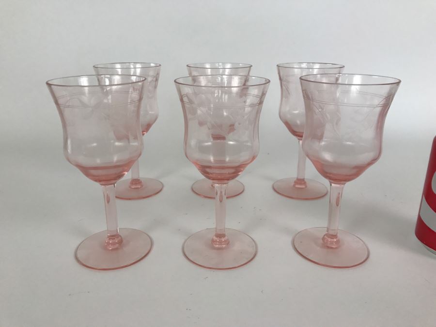 Set Of 6 Vintage Pink Etched Depression Glass Stemware Glasses [Photo 1]