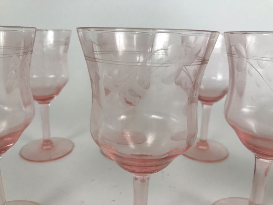 Set Of 6 Vintage Pink Etched Depression Glass Stemware Glasses