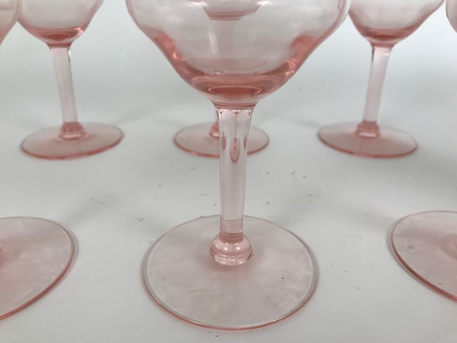 Set Of 6 Vintage Pink Etched Depression Glass Stemware Glasses [Photo 4]