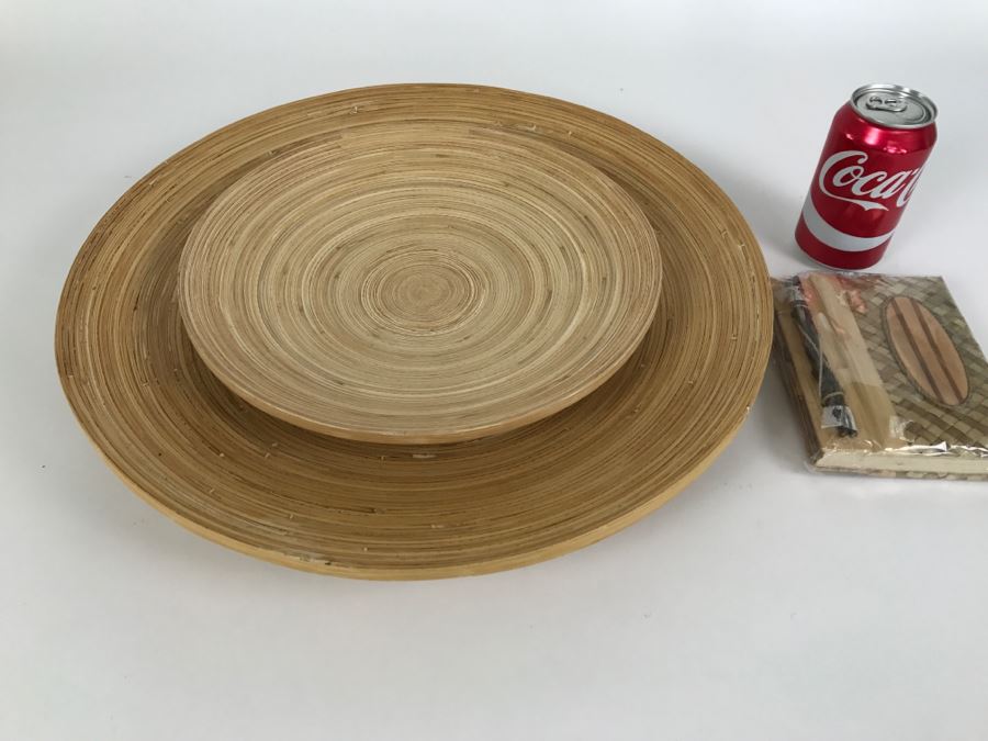 Set Of 2 Ikea Bamboo Dishes And New Bamboo Notebook With Surfboard [Photo 1]