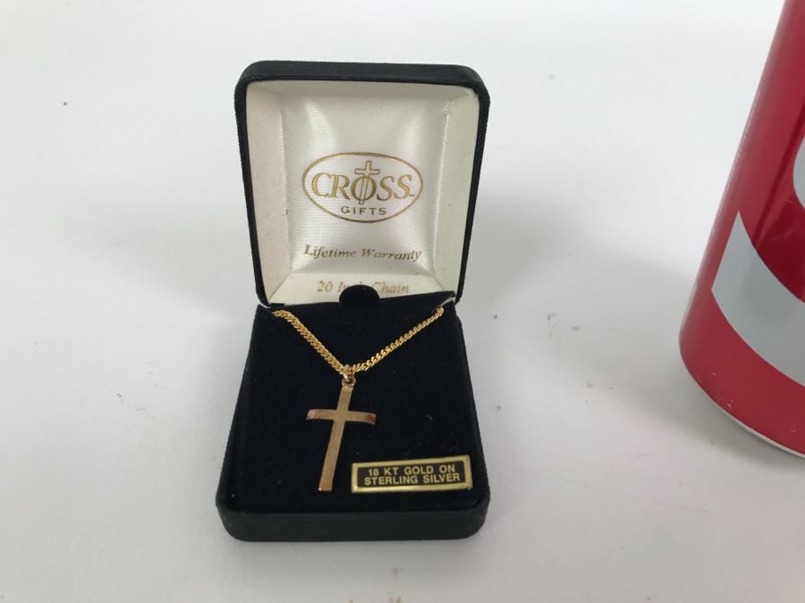 18K Gold On Sterling Silver Cross Pendant 20 Inch Chain Necklace [Photo 2]
