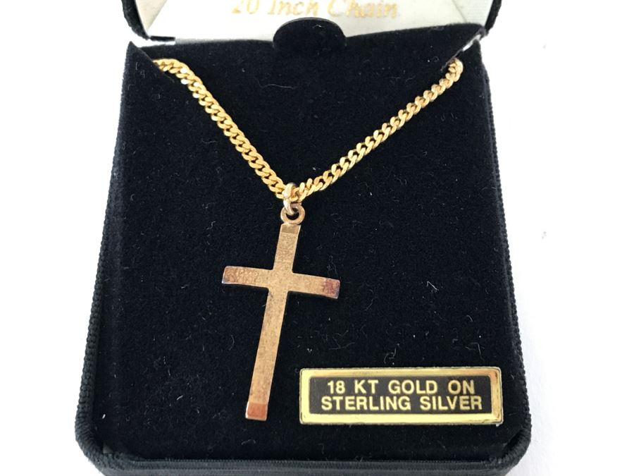18K Gold On Sterling Silver Cross Pendant 20 Inch Chain Necklace [Photo 4]