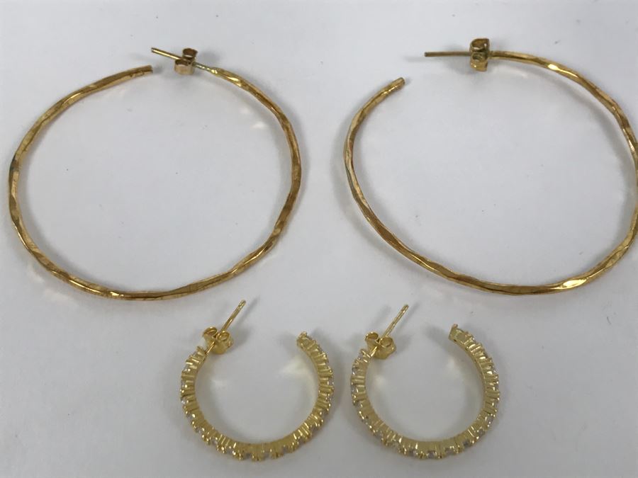 Pair Of Gold Tone Sterling Silver Hoop Earrings 10.1g [Photo 3]