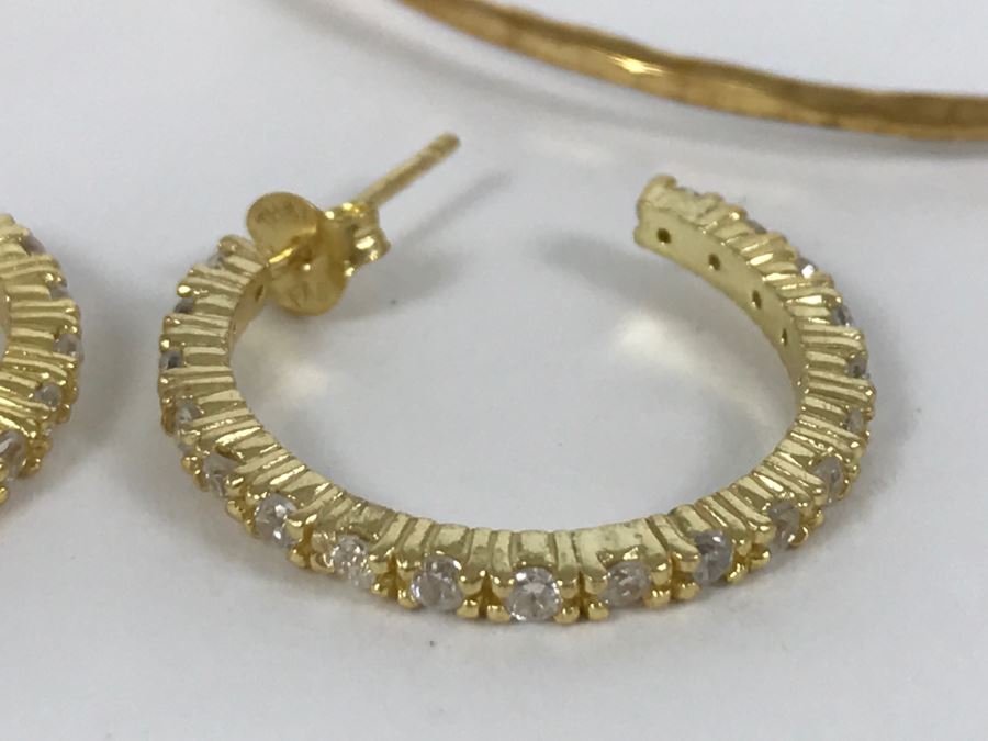 Pair Of Gold Tone Sterling Silver Hoop Earrings 10.1g [Photo 2]