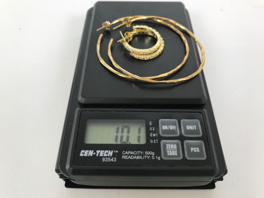 Pair Of Gold Tone Sterling Silver Hoop Earrings 10.1g [Photo 9]