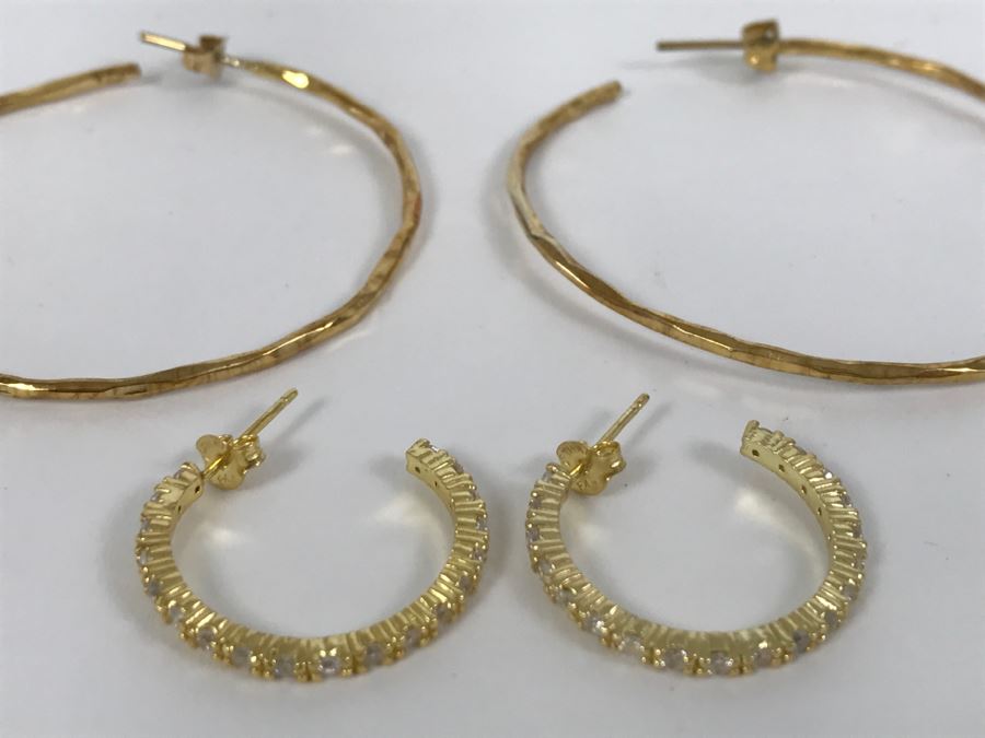 Pair Of Gold Tone Sterling Silver Hoop Earrings 10.1g [Photo 1]