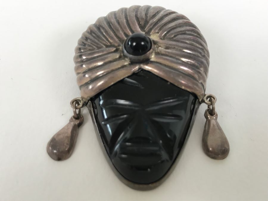 Sterling Silver Carved Black Onyx? Mexican Brooch  [Photo 1]