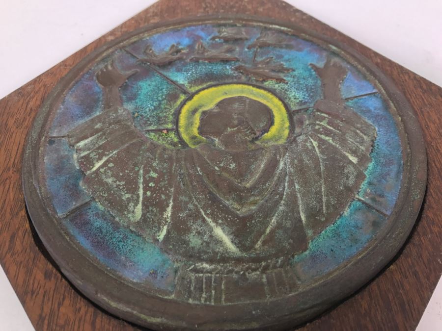 Cast Bronze And Enamel Plaque Mounted On Wood For Wall Hanging Religious Motif [Photo 3]