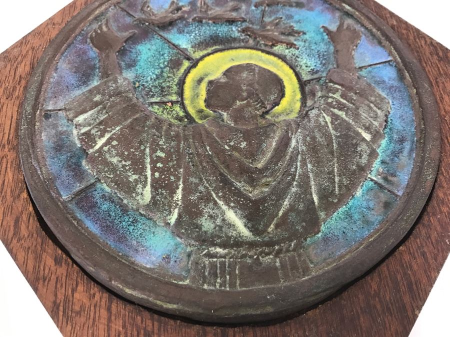 Cast Bronze And Enamel Plaque Mounted On Wood For Wall Hanging Religious Motif [Photo 5]