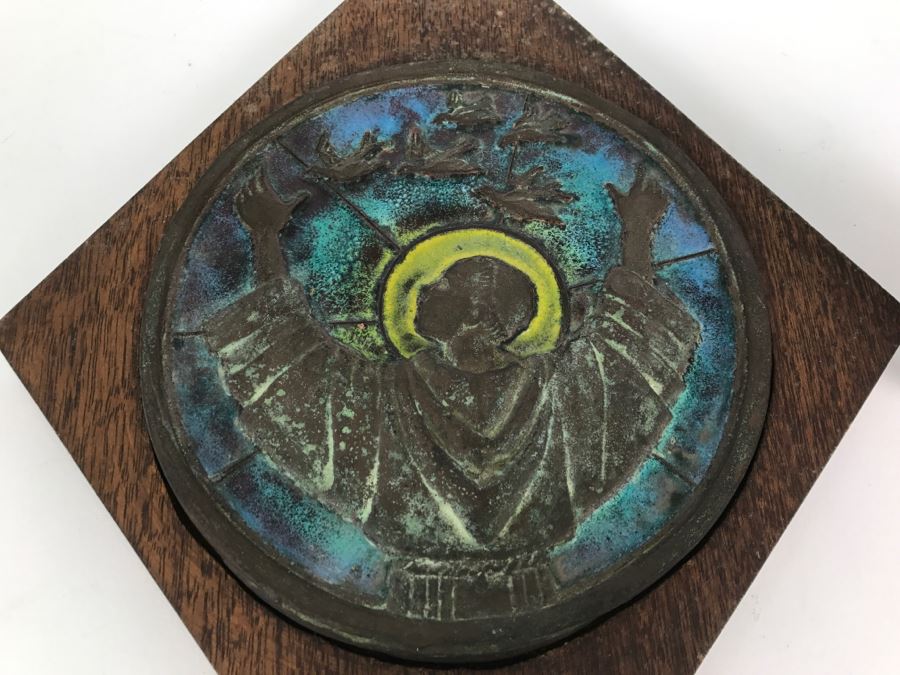 Cast Bronze And Enamel Plaque Mounted On Wood For Wall Hanging Religious Motif [Photo 1]