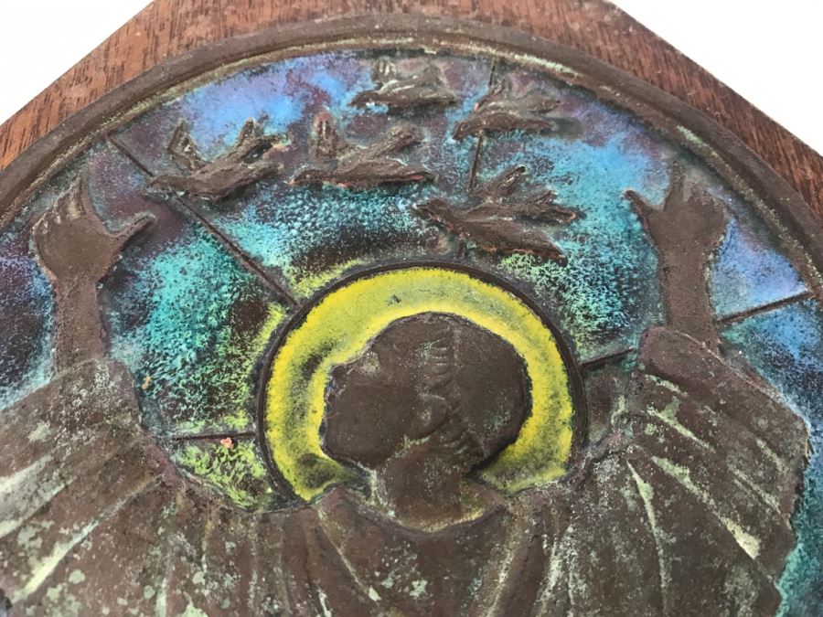 Cast Bronze And Enamel Plaque Mounted On Wood For Wall Hanging Religious Motif [Photo 4]