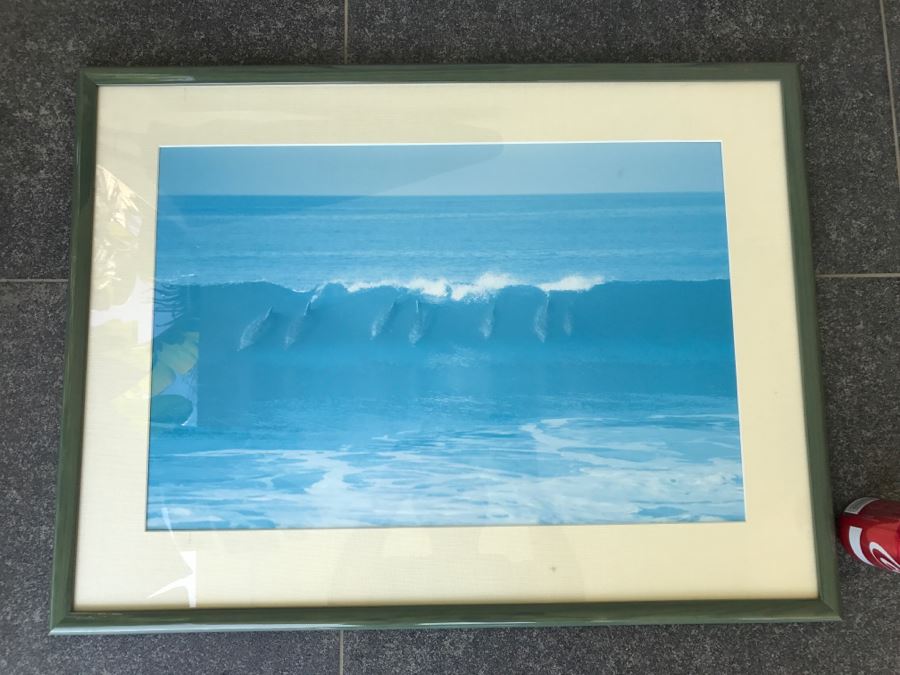 Framed Photograph Of Dolphins Riding A Wave