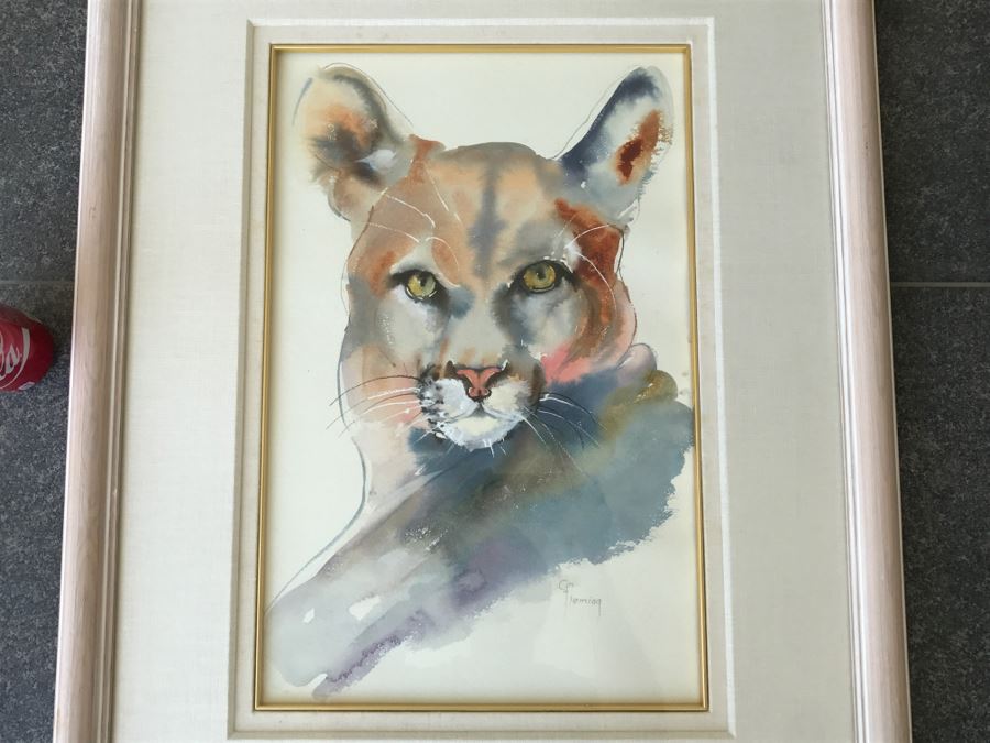 Original Watercolor Of Mountain Lion By Local Artist C Fleming