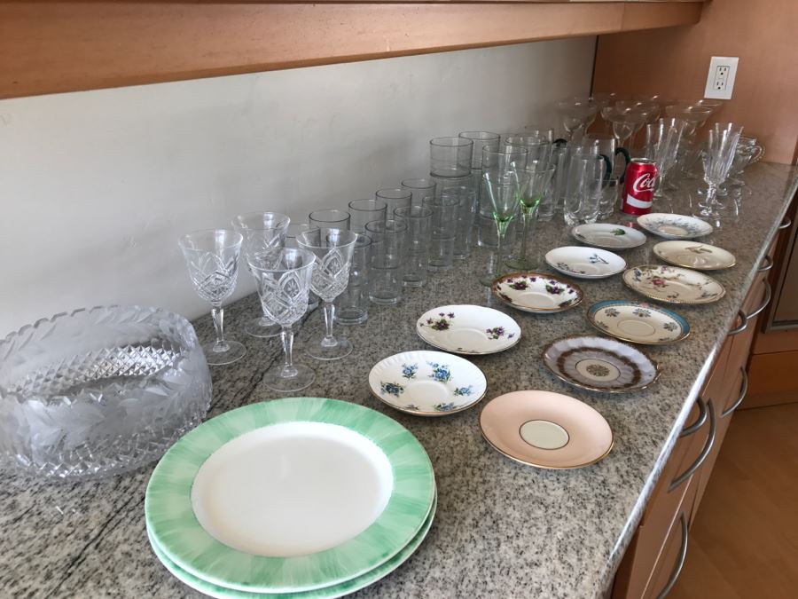 Stemware, Glasses, Saucers, Plates And Bowl Lot