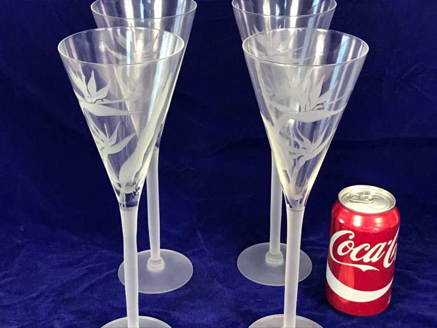 Set Of 4 Signed Perry Coyle Large Champagne Toast Crystal Stemmed Glasses Etched Bird Or Paradise [Photo 1]