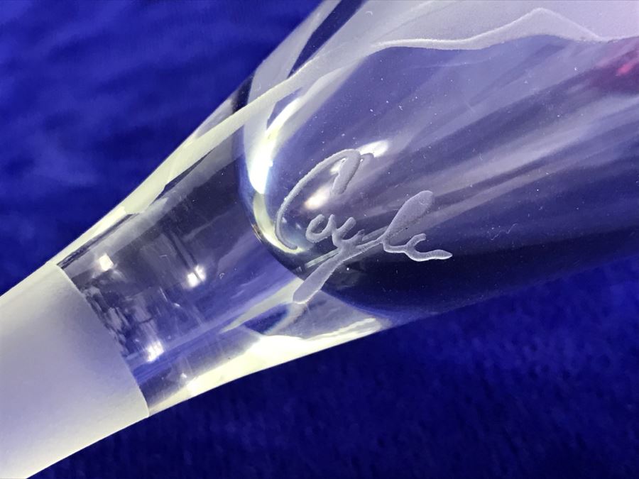 Set Of 4 Signed Perry Coyle Large Champagne Toast Crystal Stemmed Glasses Etched Bird Or Paradise [Photo 5]