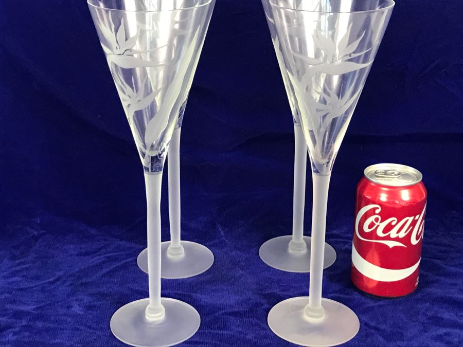 Set Of 4 Signed Perry Coyle Large Champagne Toast Crystal Stemmed Glasses Etched Bird Or Paradise [Photo 2]