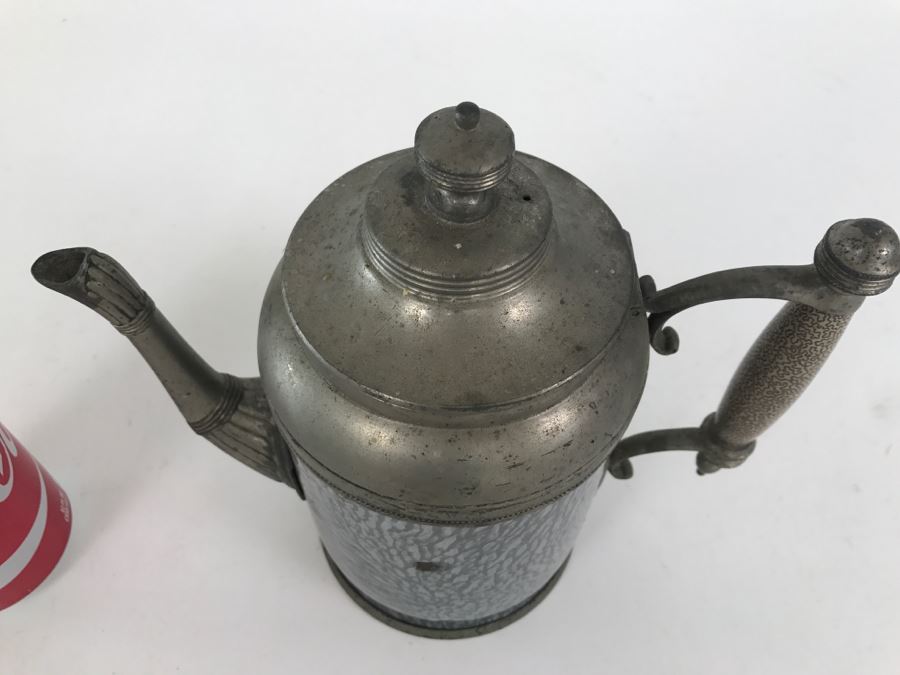 Antique Gray Graniteware Coffee Pot Gooseneck Spout Pewter [Photo 4]