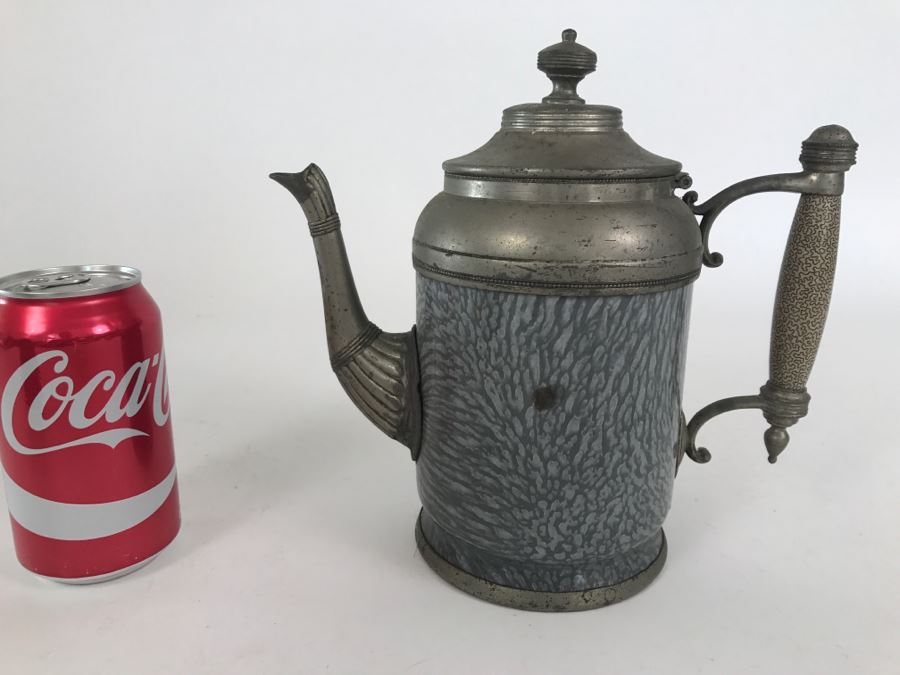 Antique Gray Graniteware Coffee Pot Gooseneck Spout Pewter [Photo 2]