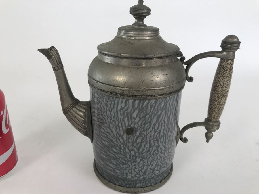 Antique Gray Graniteware Coffee Pot Gooseneck Spout Pewter [Photo 1]