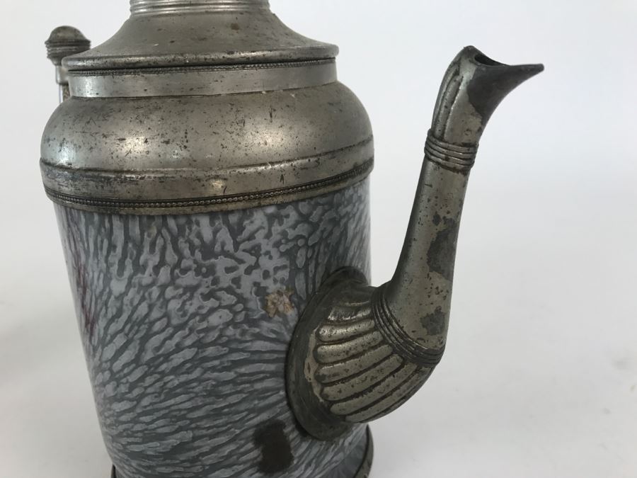 Antique Gray Graniteware Coffee Pot Gooseneck Spout Pewter [Photo 8]