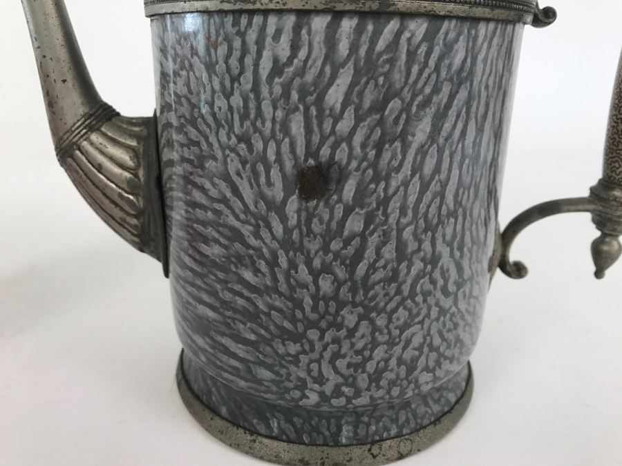Antique Gray Graniteware Coffee Pot Gooseneck Spout Pewter [Photo 3]