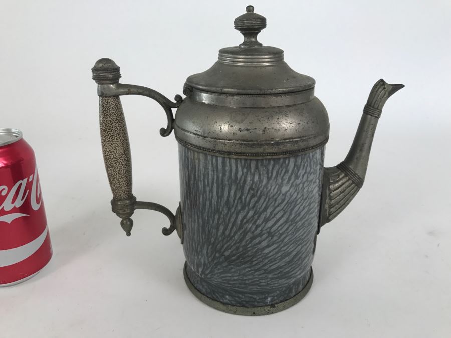 Antique Gray Graniteware Coffee Pot Gooseneck Spout Pewter [Photo 7]