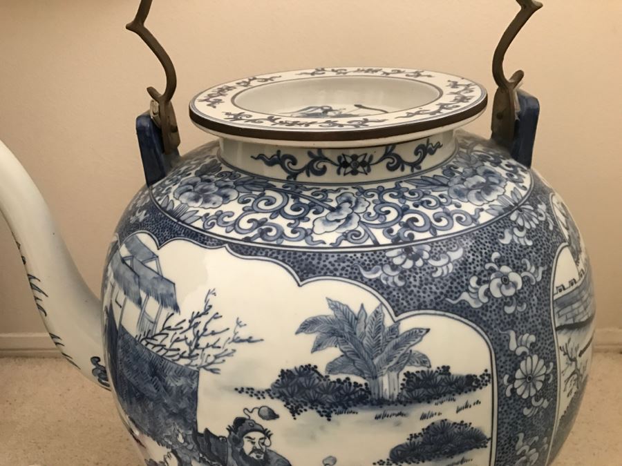 HUGE Signed Blue And White Asian Tea Pot With Brass Handle And Presentation Stand [Photo 5]